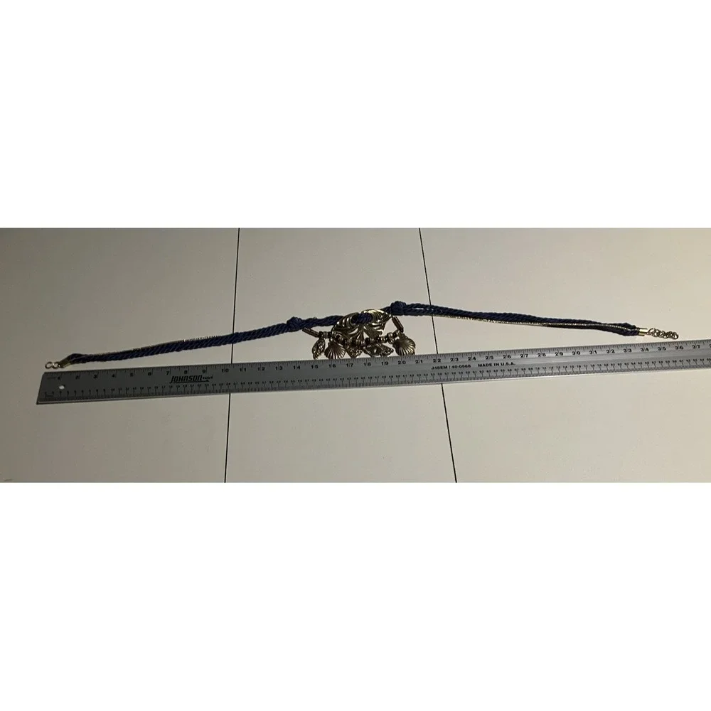 Navy‎ Blue Rope Belt with Gold Shell Charms, Vintage Statement Adjustable Waist